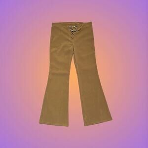 Vintage Brown Belted w Turquoise Gem Belted Trousers Y2K Retro Flare Pants Sz L